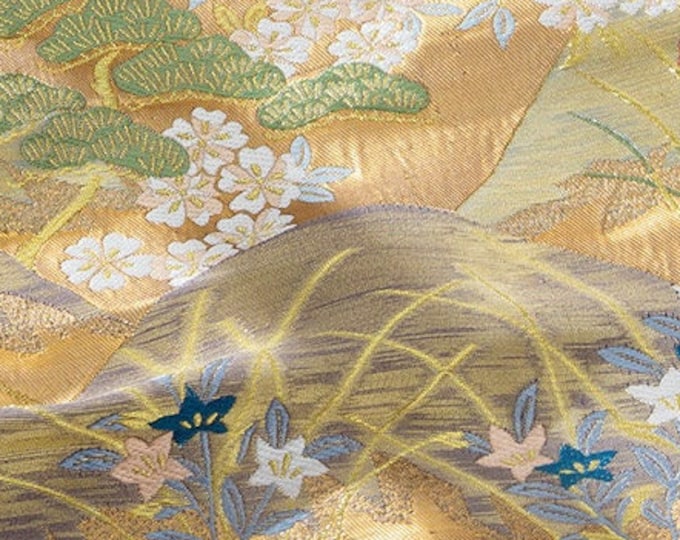 59"W Japanese classic pattern, Nishijin Weaving Gold Mountain Shape Figure, Upholstery, Decor, Costume, Handbag, Sewing/Fabric by the meter