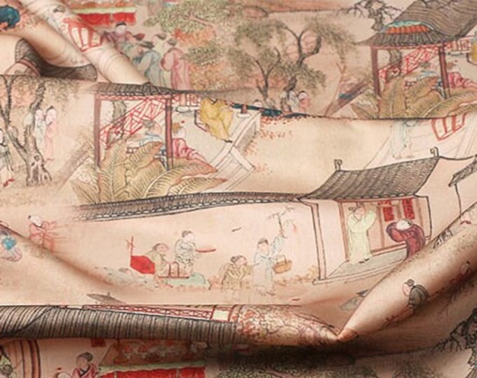 59"W Tang Dynasty famous paintings silk fabric, Digital print, 3 colors, Sewing, Upholstery, Decor, Costume, Curtain, Handbag, Sewing/Fabric