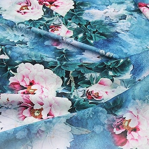 59&quot;W Green Lotus silk damask fabric, Digital print, 2 colors, Sewing, Upholstery, Decor, Costume, Curtain, bag, Sewing, night gown/Fabric