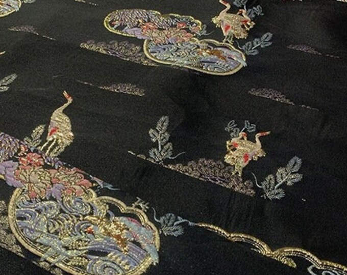 57"W Black woven gold thread brocade, Jacquard crane brocade, Upholstery, Decor, Costume, Curtain, Handbag, Sewing, DIY/Fabric by the meter