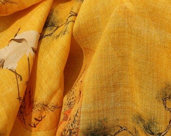 Yellow Crane Linen Fabric: Zen Decor, Upholstery, Sewing (55"W)