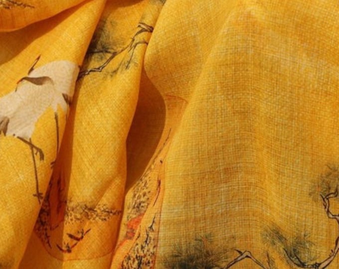 Yellow Crane and Pine, 55"W, Premium Quality Digital print natural & pure Linen Fabric, Decor, Upholstery, Scarf, Sewing, Costume, Handbag