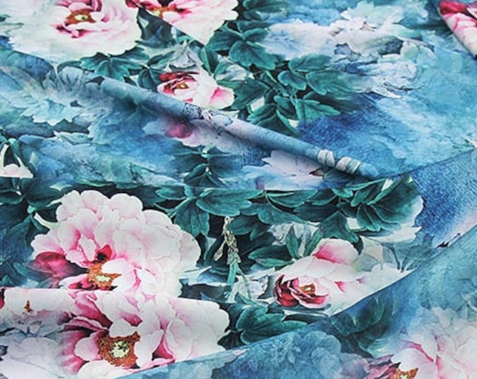 59"W Green Lotus silk damask fabric, Digital print, 2 colors, Sewing, Upholstery, Decor, Costume, Curtain, bag, Sewing, night gown/Fabric