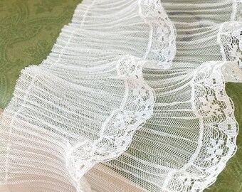 White Pleated Lace Trim, Ruffled Fabric, 4.3" Width