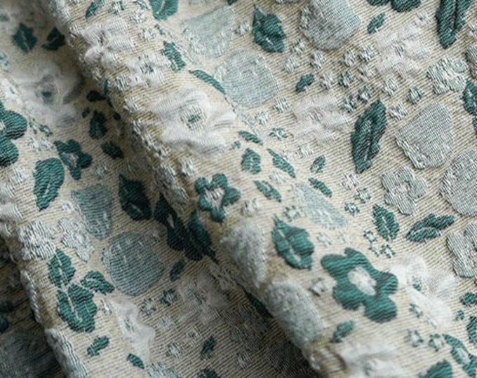Jade green Jacquard white embossed 3D bubble fabric, flower design, 60"W, Upholstery, Decor, Costume, Curtain, bag, Sewing/Fabric by 1 meter
