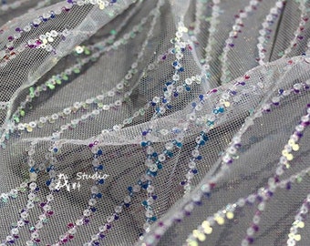 Mermaid Wave Mesh Fabric, Sequin Fish Scale Embroidery, 59" Wide