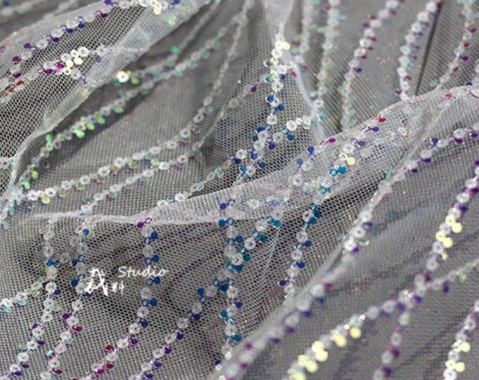 59"W Mermaid wave Mesh Fabric, see-through Embroidery Fish scale sequin fabric Creative Fabric, Designer Fabric, Decor, wedding, Dress, Doll