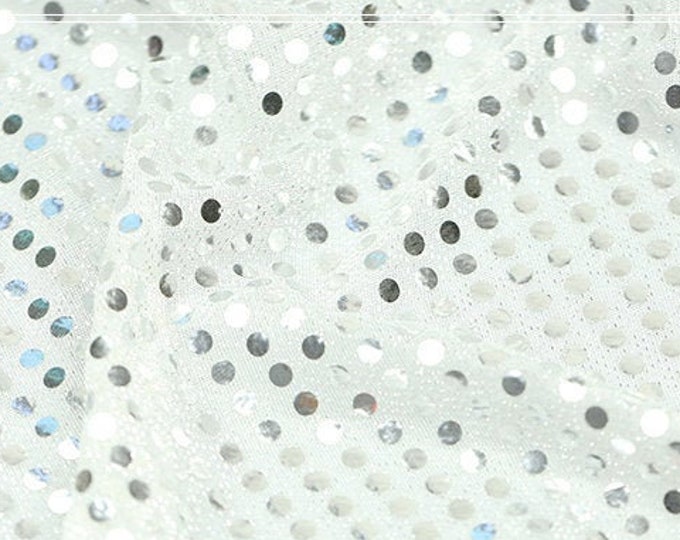 43"W Stretch Mesh Fabric with 6mm Shiny Sequins all over, Wedding, Dolls sewing, Curtain, Wall piece, Costume fabric sell by the meter