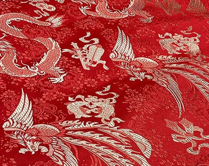 Chinese flamboyant Silk Brocade Fabric On SALE | 9.99/Meter | 29.5" W| Upholstery, Decor, Costume/Fabric by the meter| Red and Gold