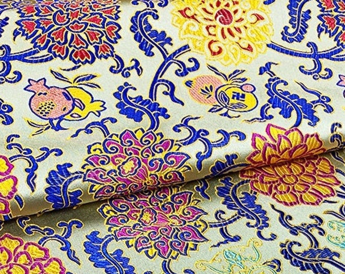 Chinese Colorful Lotus Silk Brocade Fabric, 29.5"W, Cheongsam, Qipao, Upholstery, Decor, Costume/Fabric by the meter