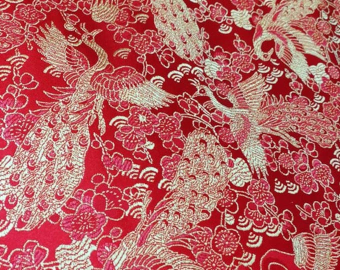 59"W Brocade Fabric, Chinese Red and Gold Jacquard Satin Fabric, Phoenix patterns by The Meters, Home Decor, Sewing, Wedding Fabrics On Sale