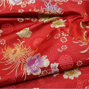 59"W Cinese Broccato di seta tessuto tessuto damascato tessuto cheongsam cuscino rosso e giallo Crisantemo motivo floreale su SALE Broccato arazzo