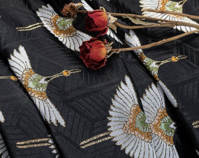 Japanese Nishijin Fabric, Black crane pattern Jacquard silk brocade by the meter, 59“Width 2 sizes crane On SALE, Kimono Sewing fabric