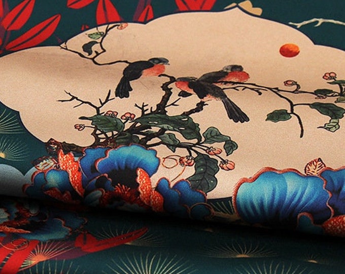 59"W silk damask fabric, Digital print, 2 patterns, Sewing, Dress, Upholstery, Decor, Costume, Curtain, handbag, Sewing, night gown/Fabric