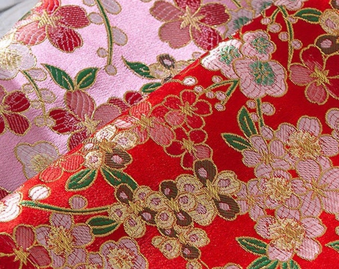 59” Width Japanese Fabric, Japanese Cherry Blossom Sakura Jacquard silk brocade by meter, Kimono, Yukata, Belt, Geisha Sewing Fabric