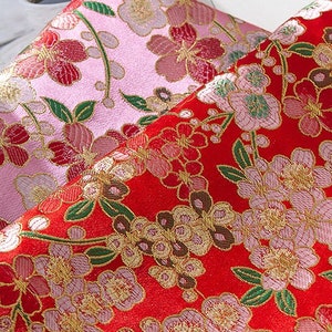 59” Width Japanese Fabric, Japanese Cherry Blossom Sakura Jacquard silk brocade by meter, Kimono, Yukata, Belt, Geisha Sewing Fabric