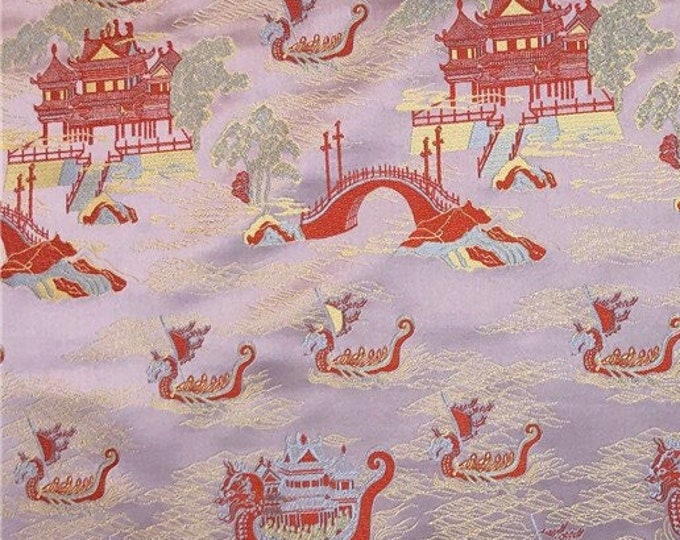 29.5"W Pure natural silk, dragon boat Silk Brocade, Jacquard mulberry silk Damask fabric, Upholstery, Decor, Costume, Mongolian Sewing robe