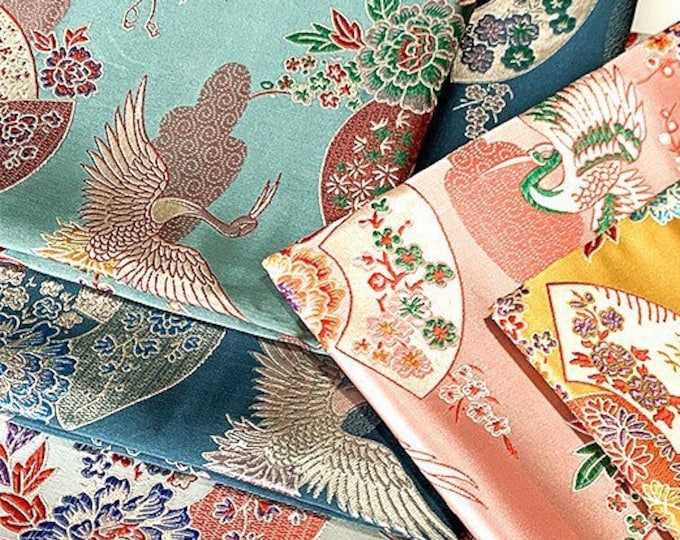 Dazzling Japanese Nishijin Fabric, Japanese Crane Fans Jacquard silk brocade by the meter, 57“W, Upholstery, Decor, Costume/by the meter