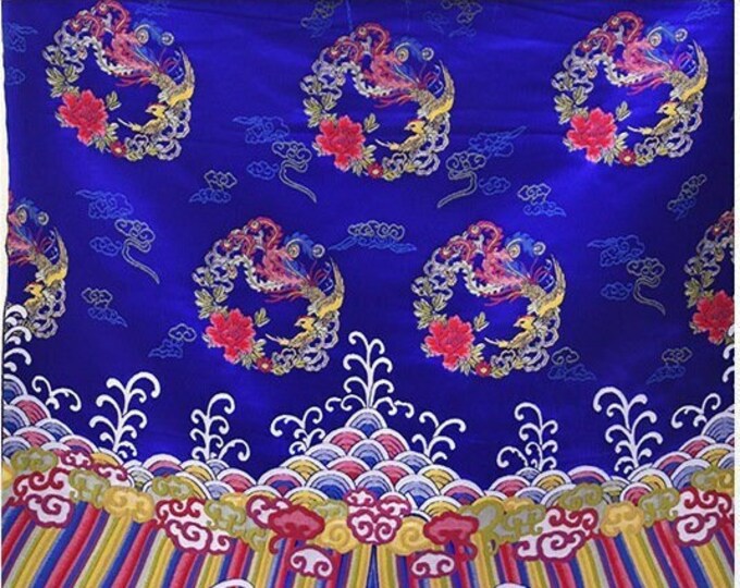 Chinese Emperor Queen Wedding Cheongsam Fabric, Embroidery round Phoenix pattern, Silk brocade 27.5"W, 45"L ,Upholstery and Sewing fabric