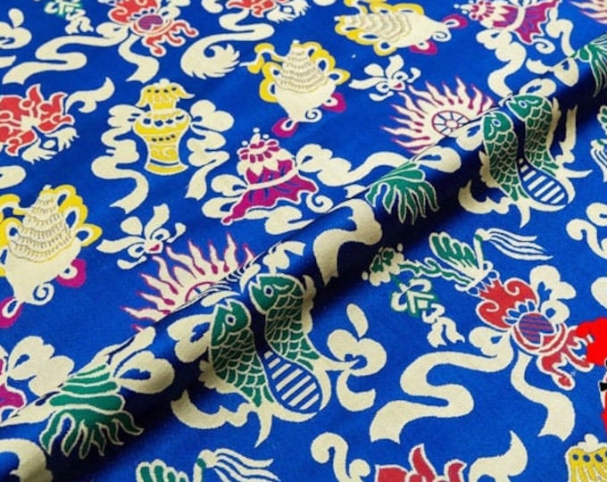 29.5“W Chinese Silk Brocade Fabric Pisces Double Fish Home Decor, Table cloth, bed runner, pillow case, Cheongsam, Upholstery, Sewing Fabric