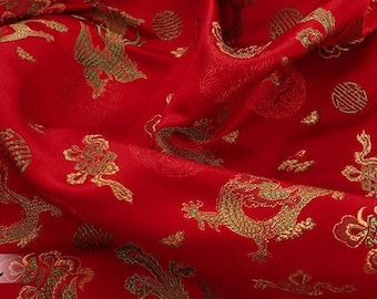 Red Dragon Phoenix Brocade Fabric: Cheongsam Robe Material (59"W)