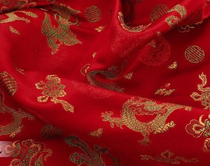Red Chinese Dragon and Phoenix Brocade Fabric, robe, cheongsam, Tibetan robe, spinning Fabric, silk, satin, and brocade, 59"W