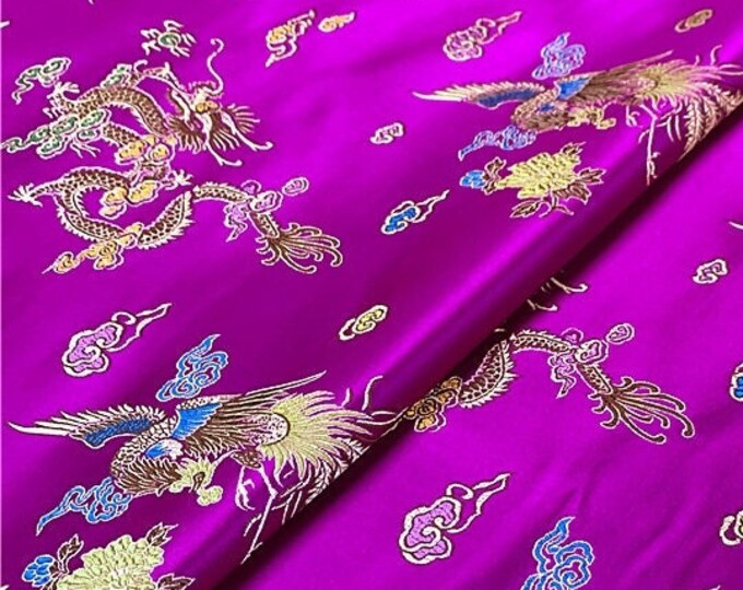 29.5"W Pure natural silk, Dragon & phoenix Silk Brocade, Jacquard mulberry silk Damask fabric, Decor, Costume, Sewing Cheongsam, Wedding