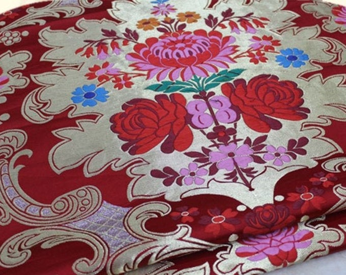 Red Silk Brocade Fabric Peony Flower Design, Handmade Wedding Fabric, 29" W Chinese Silk Fabric By 1 Meter on SALE