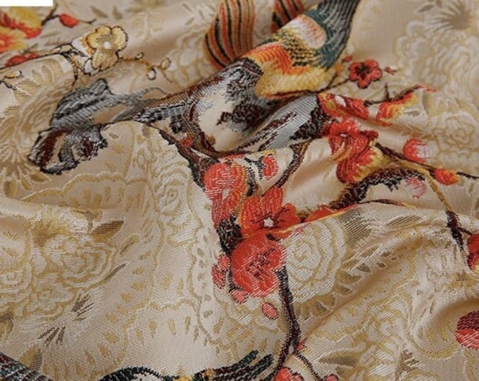 57"W Bird jacquard fabric, Designer Fabric, Upholstery, Decor, Costume, Curtain, Handbag, Sewing/Fabric by the meter, 4 colors