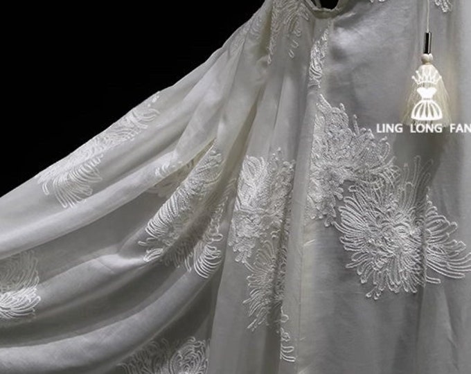 59“W chrysanthemum embroidery Tencel Fabric, 3D pattern, curtain, dress, Doll Making, Upholstery, Decor, Costume, DIY/Fabric by the meter