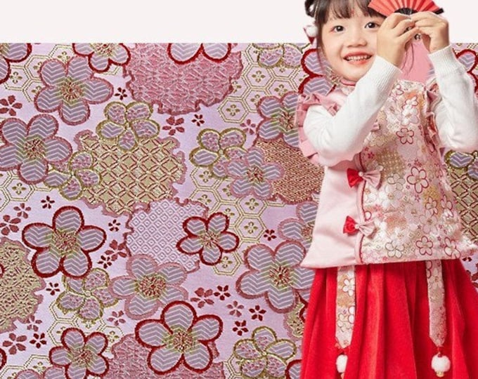57"W Silk brocade gold thread jacquard Japanese kinran fabric for children's New Year, Sakura pattern,Upholstery, Quilting and Sewing fabric