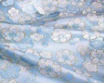 Cherry Blossom Jacquard Brocade Fabric: Blue Silk Rayon Blend, 57" Wide
