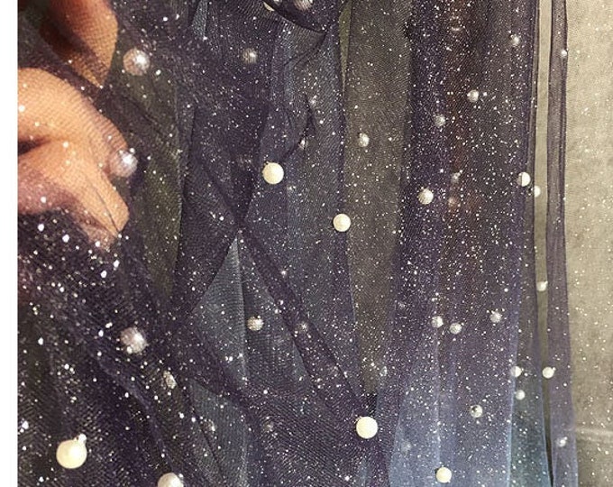 59"W Eye of the Stars, Blue gradient beaded silver gilding mesh fabric, costume, Wedding, Sewing, Decor, Designer Fabric, sold by the yard