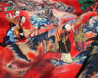 59"W Ancient ladies Tea silk satin fabric, Digital print, 3 colors, Sewing fabric, Upholstery, Decor, Costume, Curtain, bag, Sewing/Fabric