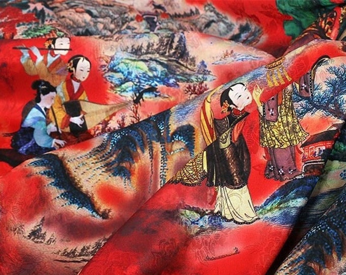59"W Ancient ladies Tea silk satin fabric, Digital print, 3 colors, Sewing fabric, Upholstery, Decor, Costume, Curtain, bag, Sewing/Fabric