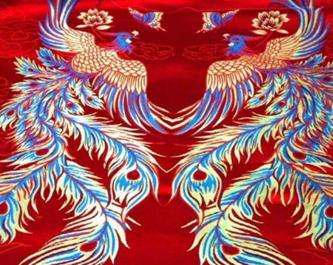 29.5"W Tibetan satin brocade fabric double phoenix butterfly, cheongsam, Qipao fabric, Jacquard Fabric, 29.5*26“, Home Decor Fabrics On SALE