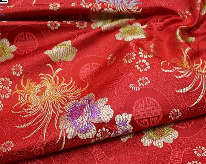 59"W Chinese Silk brocade woven damask fabric cheongsam cushion Red and Yellow Chrysanthemum flower pattern on SALE Tapestry brocade