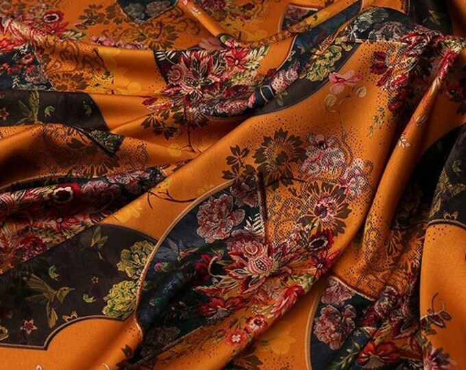59"W fans silk damask fabric, Digital print, 4 colors, Sewing, Dress, Upholstery, Decor, Costume, Curtain, bag, Sewing, night gown/Fabric