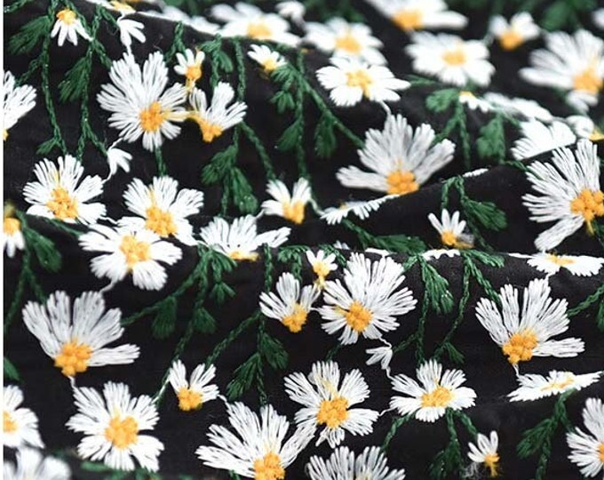 47“W 3D Daisy embroidery ramie cotton fabric, plants design, curtain, clothing, Upholstery, Decor, Costume/Fabric by the meter, 6 colors