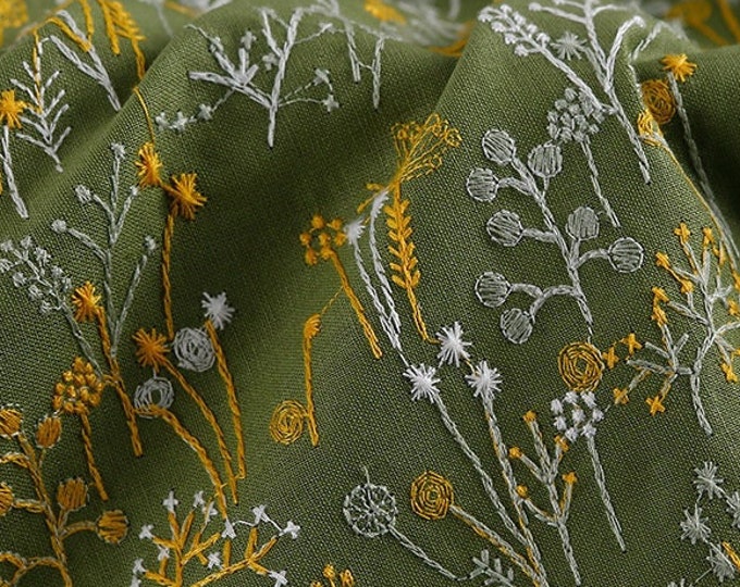 48“W 3D floral embroidery ramie cotton fabric, plants design, curtain, clothing, Upholstery, Decor, Costume/Fabric by the meter, 4 colors