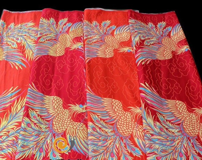 Chinese Emperor Queen and King Wedding Cheongsam Fabric, Embroidery Gold Phoenix pattern, Silk brocade 28"W, 33.5"L/pattern, Sewing fabric