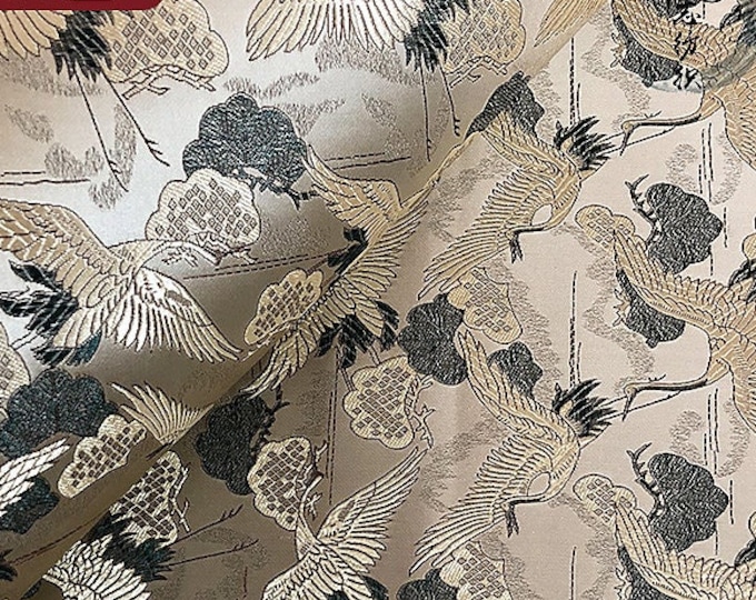Crane Brocade Fabric: Colorful Asian Decor Fabric by the Meter
