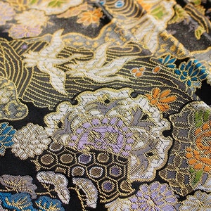 Nishijin Crane Kinran Fabric: Black Jacquard Silk Brocade Damask (59&quot; Width)