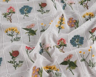 49“W 3D floral embroidery cotton fabric, Multicolour plants, curtain, Clothing, Upholstery, Decor, Costume/Fabric by the meter, 2 colors