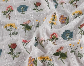 Floral Embroidery Cotton Fabric: Multicolour Plants, 49" Wide