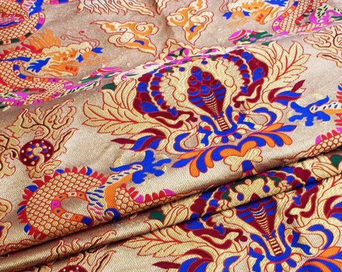 29.5"W Exotic Thangka Pattern, Tibetan classic brocade satin woven jacquard fabric, costume, cheongsam, Tang suit, Upholstery, Sewing Fabric