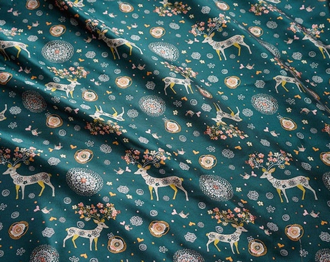 62"W Dark Green Raindeer Damask Yarn-dyed jacquard fabric, Upholstery, Decor, Costume, Curtain, Handbag, Sewing/Fabric by the meter