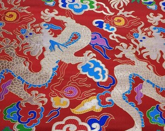 Red Dragon Brocade Fabric: Chinese Wedding Cheongsam Tapestry (27.5"W)