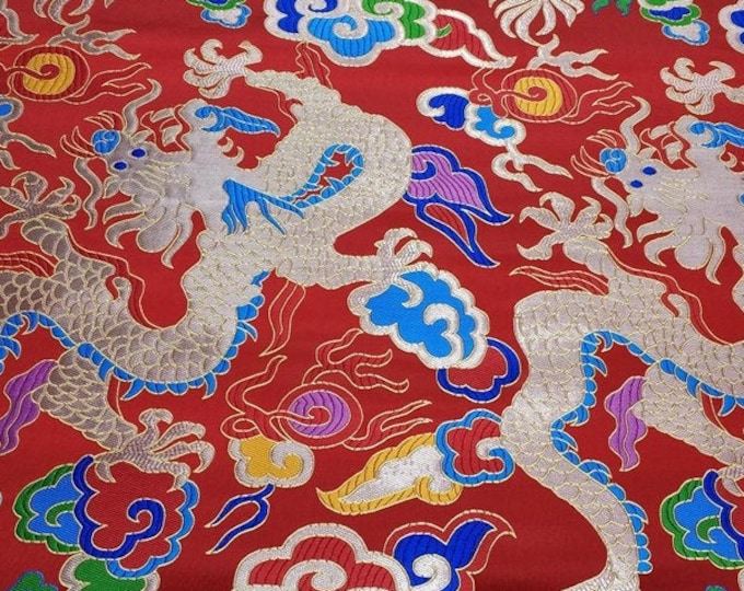Chinese Red Emperor Wedding Cheongsam Fabric, Embroidery Dragon pattern, Tapestry Satin Jacquard Silk Brocade 27.5"W, Chinese wedding fabric