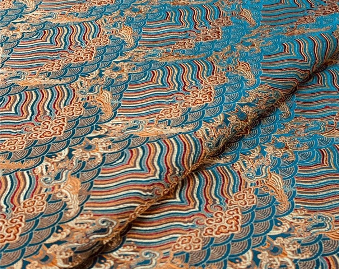 29.5"W Pure natural silk, Wave Silk Brocade, Jacquard mulberry silk Damask fabric, Upholstery, Decor, Costume, Mongolian Sewing Cheongsam